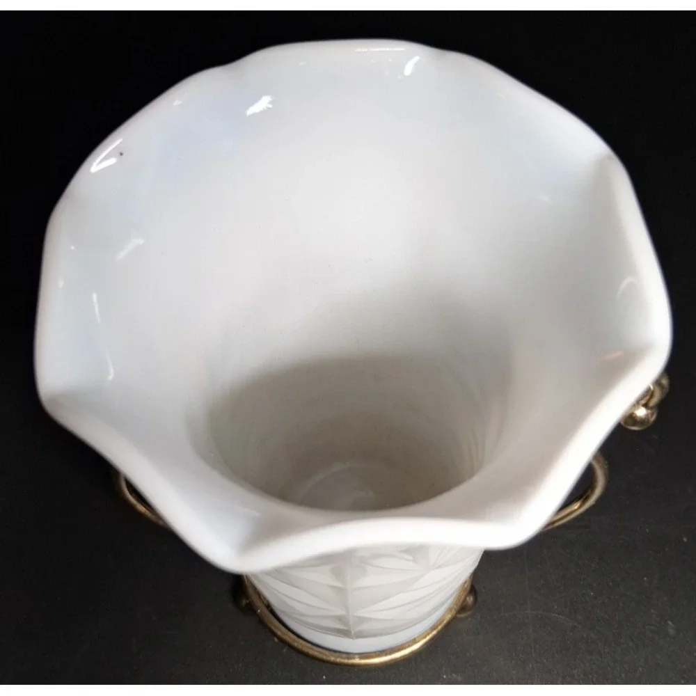 Vintage Hazel Atlas Milk Glass Vase with Metal Stand‎